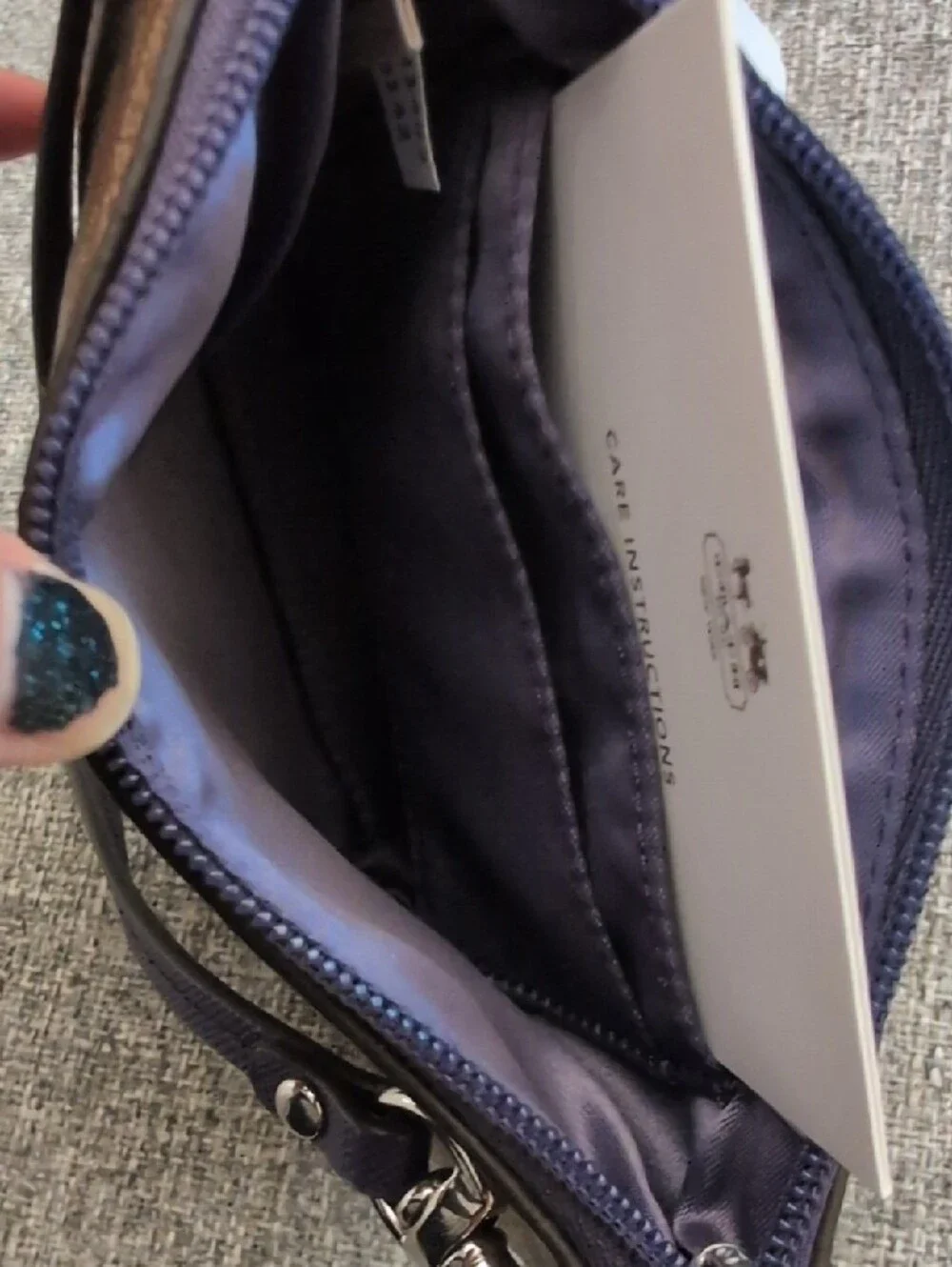 NWT Coach Khaki Signature Canvas Wristlet with Purple Trim